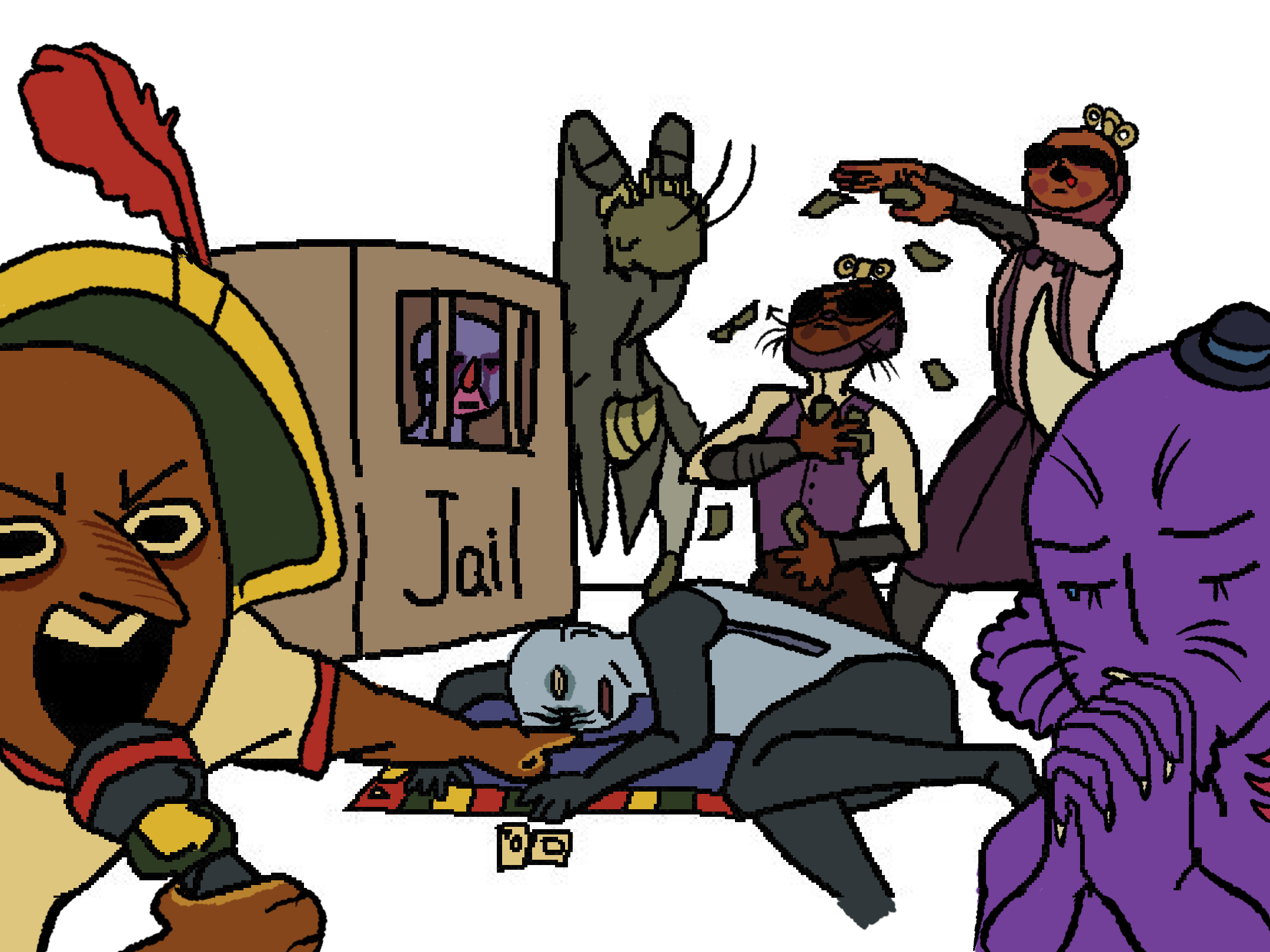 A traced image over a base of characters playing Monopoly chaotically, expect they have been replaced with Xavier's favorite characters. Fred Bonaparte from Psychonauts 1 is excitedly reporting about the situation while holding a microphone and pointing. Monster Krumholtz is crying while praying. Toaster from the Brave Little Toaster is laying on the Monopoly board, defeated. Clock Master is being showered in money by My Son, the two of them wearing sunglasses. Old Green Grasshopper from James and the Giant Peach has his back towards his camera and has his hands over his face in frustration. Etno is in a cardboard box labled 'jail'.